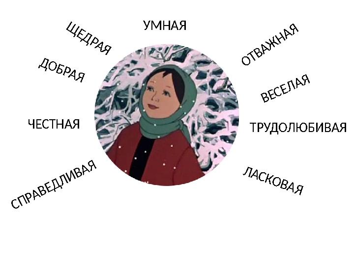 Д О Б Р А Я О ТВАЖ НАЯ ВЕСЕЛАЯ ТРУДОЛЮБИВАЯ ЧЕСТНАЯ СПРАВЕДЛИВАЯ Л А С К О В А Я Щ Е Д Р А Я УМНАЯ