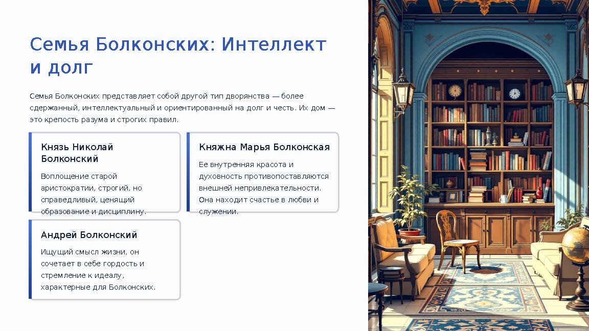 Семья Болконских: Интеллект и долг Семья Болконских представляет собой другой тип дворянства — более сдержанный, интеллектуаль