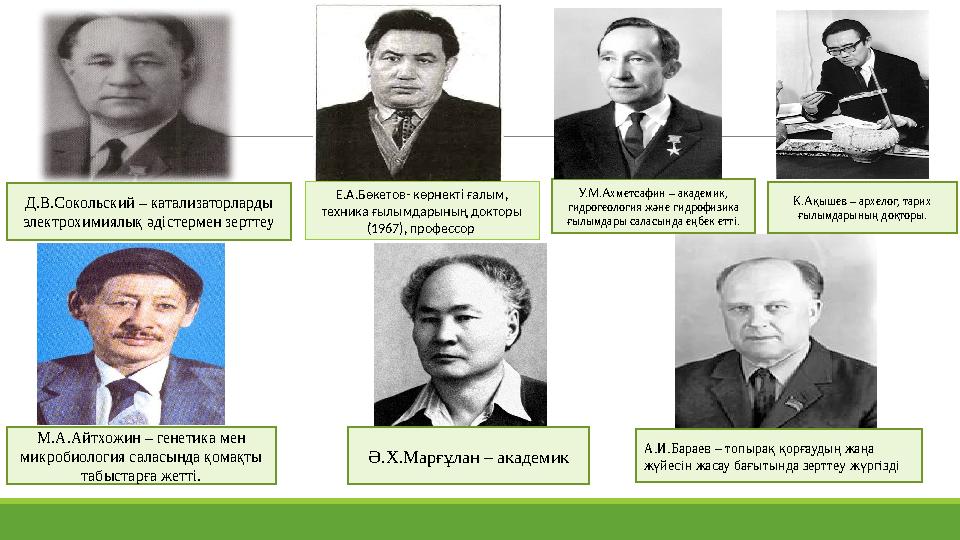 Д.В.Сокольский – катализаторларды электрохимиялық әдістермен зерттеу У.М.Ахметсафин – академик, гидрогеология және гидрофизика