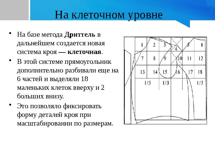 На клеточном уровне •На базе метода Дриттель в дальнейшем создается новая система кроя — клеточная. •В этой системе прямоугол