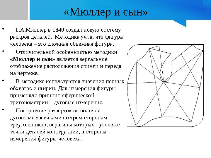 «Мюллер и сын» • Г.А.Мюллер в 1840 создал новую систему раскроя деталей. Методика учла, что фигура человека – это сложная о