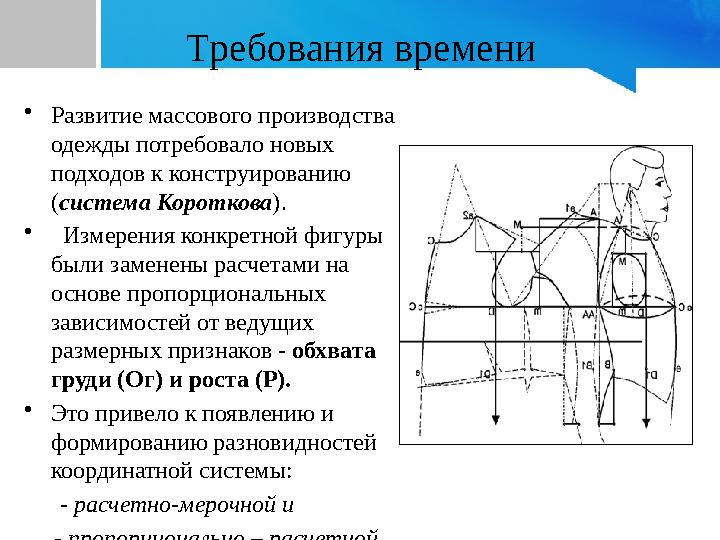 Требования времени •Развитие массового производства одежды потребовало новых подходов к конструированию (система Короткова).