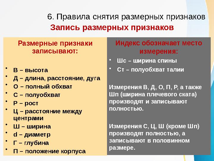 Запись размерных признаков Размерные признаки записывают: • В – высота • Д – длина, расстояние, дуга • О – полный обхват • С –