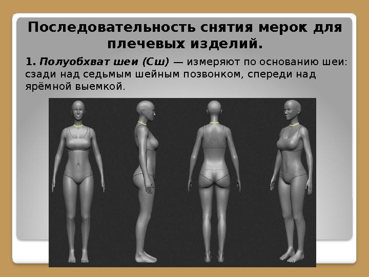 Последовательность снятия мерок для плечевых изделий. 1. Полуобхват шеи (Сш) — измеряют по основанию шеи: сзади над седьм