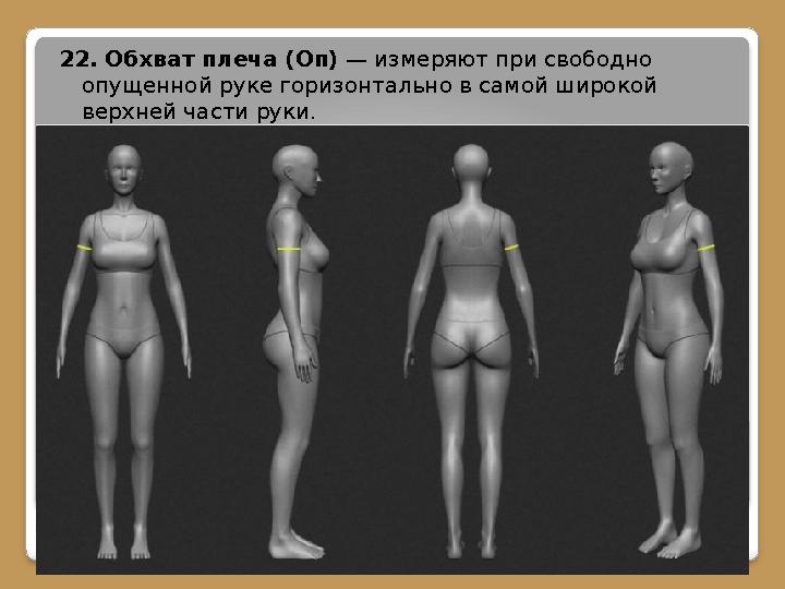 22. Обхват плеча (Оп) — измеряют при свободно опущенной руке горизонтально в самой широкой верхней части руки.