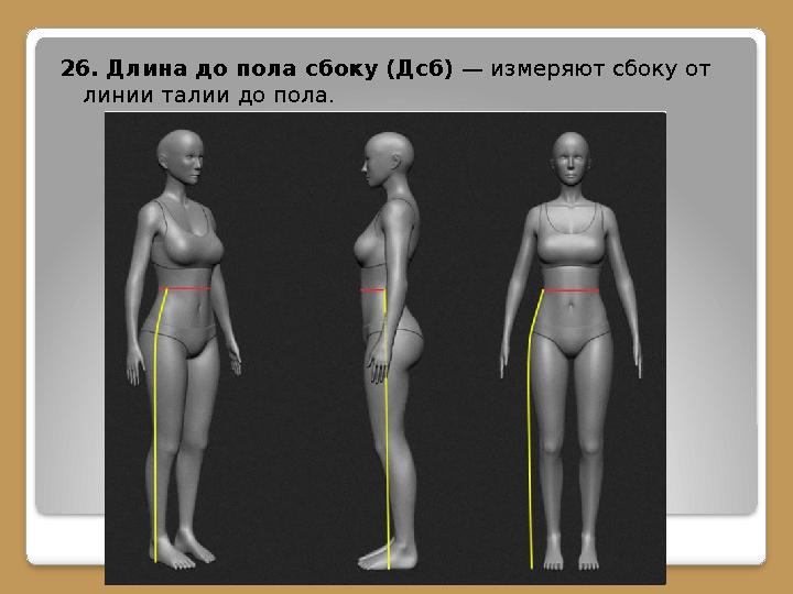 26. Длина до пола сбоку (Дсб) — измеряют сбоку от линии талии до пола.