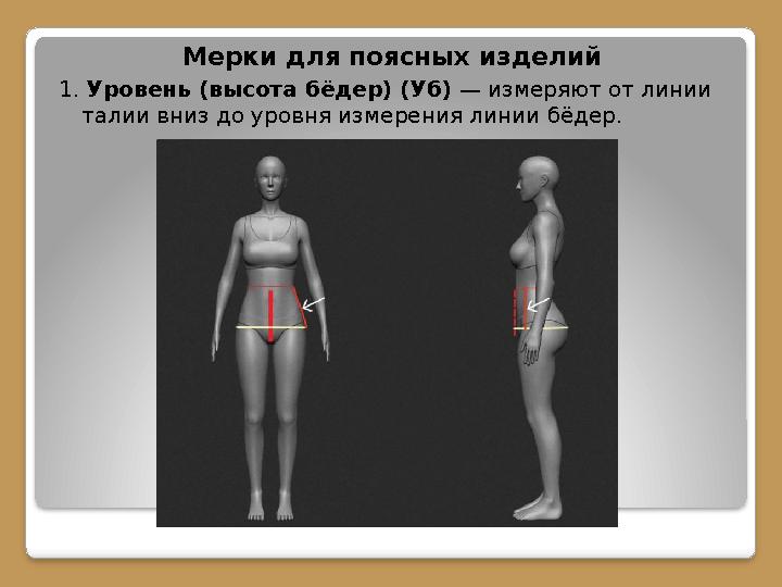 Мерки для поясных изделий 1. Уровень (высота бёдер) (Уб) — измеряют от линии талии вниз до уровня измерения линии бёдер.