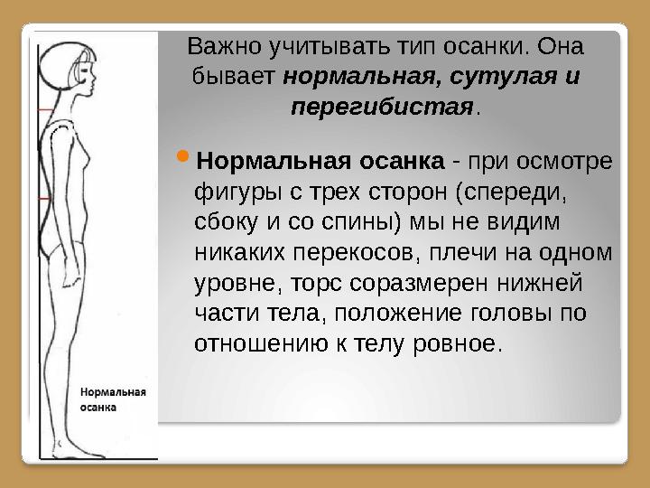 Нормальная осанка - при осмотре фигуры с трех сторон (спереди, сбоку и со спины) мы не видим никаких перекосов, плечи на о