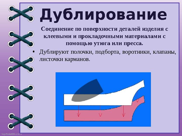 http://linda6035.ucoz.ru/ Дублирование Соединение по поверхности деталей изделия с клеевыми и прокладочными материалами с помо