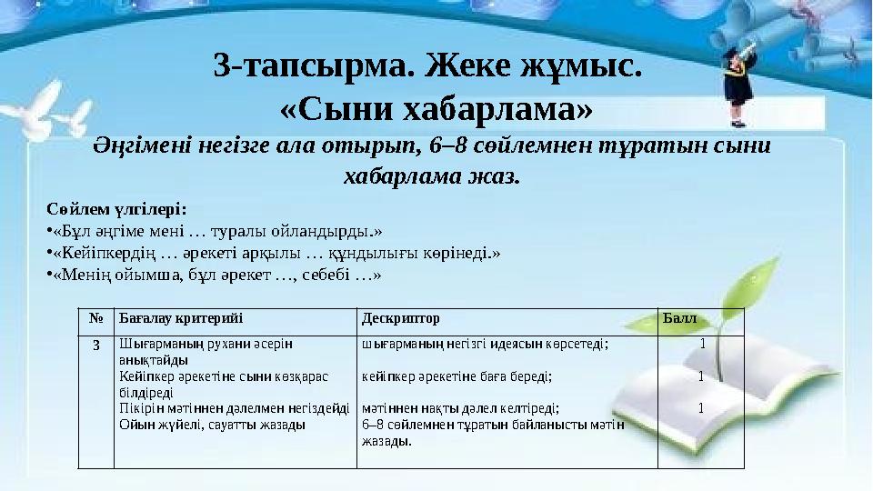 3-тапсырма. Жеке жұмыс. «Сыни хабарлама» Әңгімені негізге ала отырып, 6–8 сөйлемнен тұратын сыни хабарлама жаз. №Бағалау крит