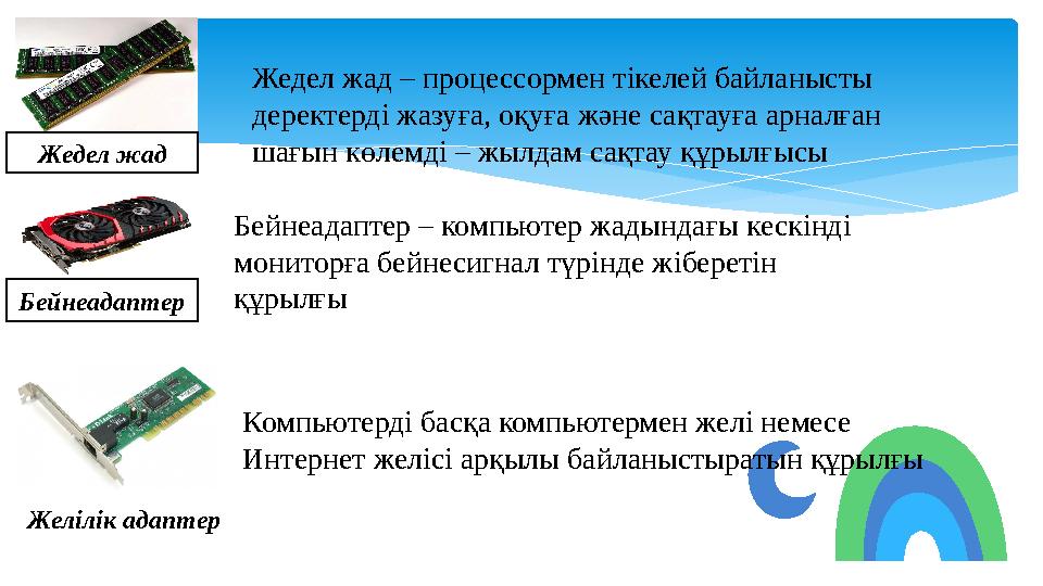 Жедел жад Жедел жад – процессормен тікелей байланысты деректерді жазуға, оқуға және сақтауға арналған шағын көлемді – жылдам