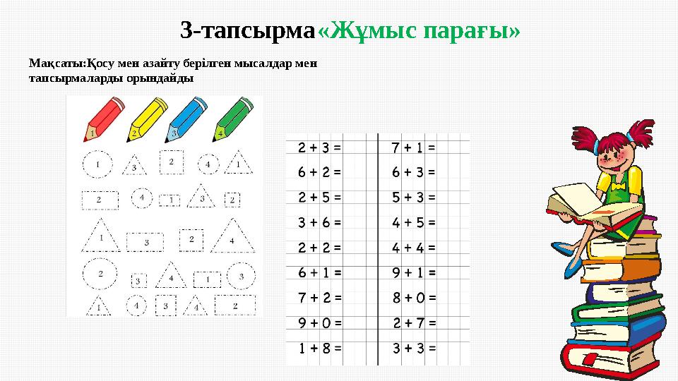 3-тапсырма Мақсаты:Қосу мен азайту берілген мысалдар мен тапсырмаларды орындайды «Жұмыс парағы»