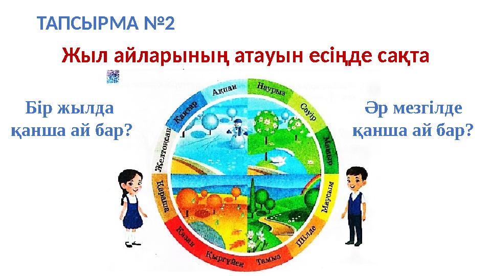 Жыл айларының атауын есіңде сақта ТАПСЫРМА №2 Бір жылда қанша ай бар? Әр мезгілде қанша ай бар?