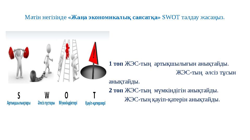 Мәтін негізінде «Жаңа экономикалық саясатқа» SWOT талдау жасаңыз. 1 топ ЖЭС-тың артықшылығын анықтайды.