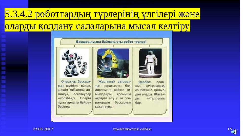 5.3.4.2 роботтардың түрлерінің үлгілері және оларды қолдану салаларына мысал келтіру;