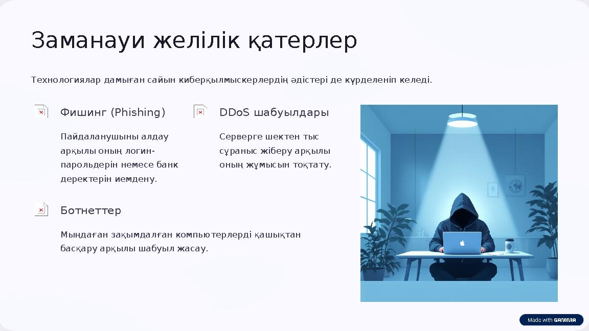 Заманауи желілік қатерлер Технологиялар дамыған сайын киберқылмыскерлердің әдістері де күрделеніп келеді. Фишинг (Phishing) Пай