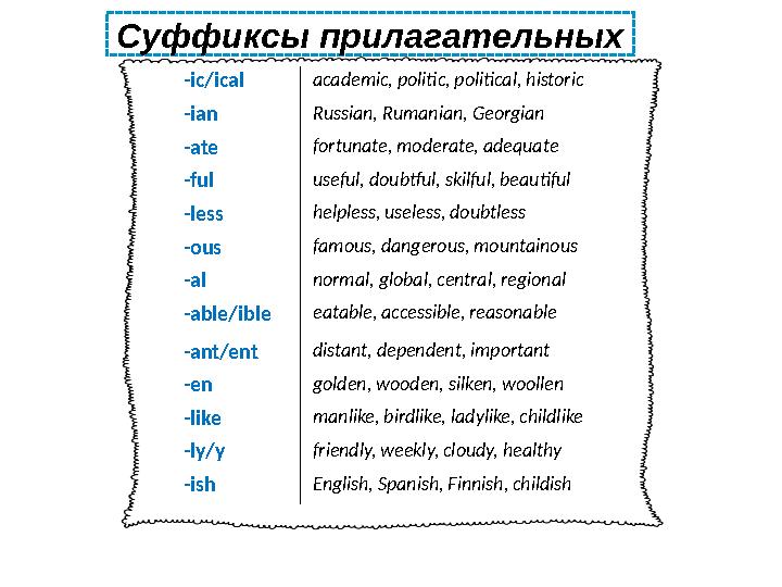 Суффиксы прилагательных -ic/ical academic, politic, political, historic -ian Russian, Rumanian, Georgian -ate fortunate, moderat