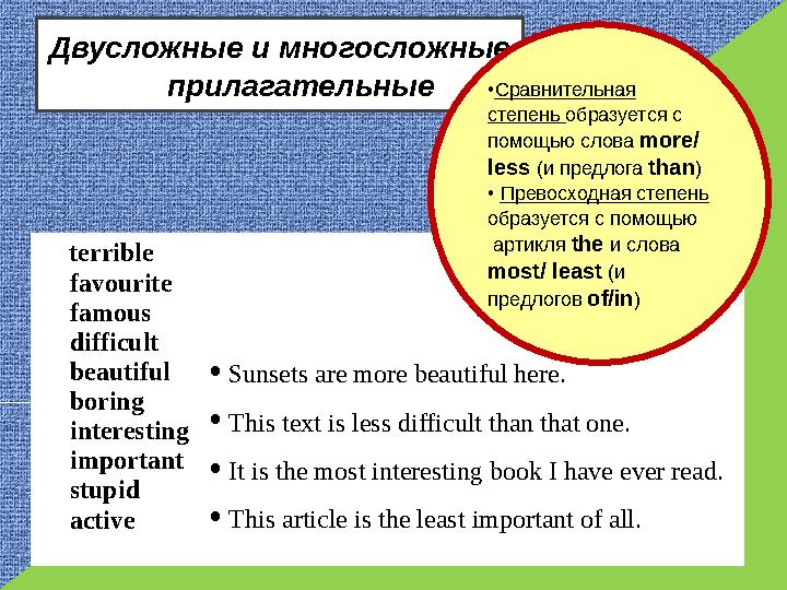 Двусложные и многосложные прилагательные terrible favourite famous difficult beautiful boring interesting importan