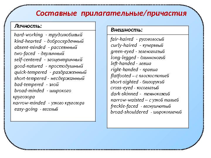 Составные прилагательные/причастия Личность: hard-working - трудолюбивый kind-hearted - добросердечный absent-minded