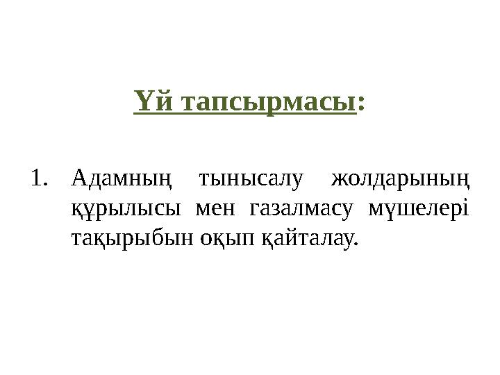 Үй тапсырмасы: 1.Адамның тынысалу жолдарының құрылысы мен газалмасу мүшелері тақырыбын оқып қайталау.