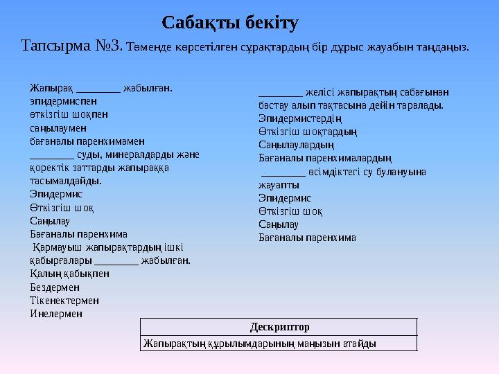 Жапырақ ________ жабылған. эпидермиспен өткізгіш шоқпен саңылаумен бағаналы паренхимамен ________ суды, минералдарды және қоре