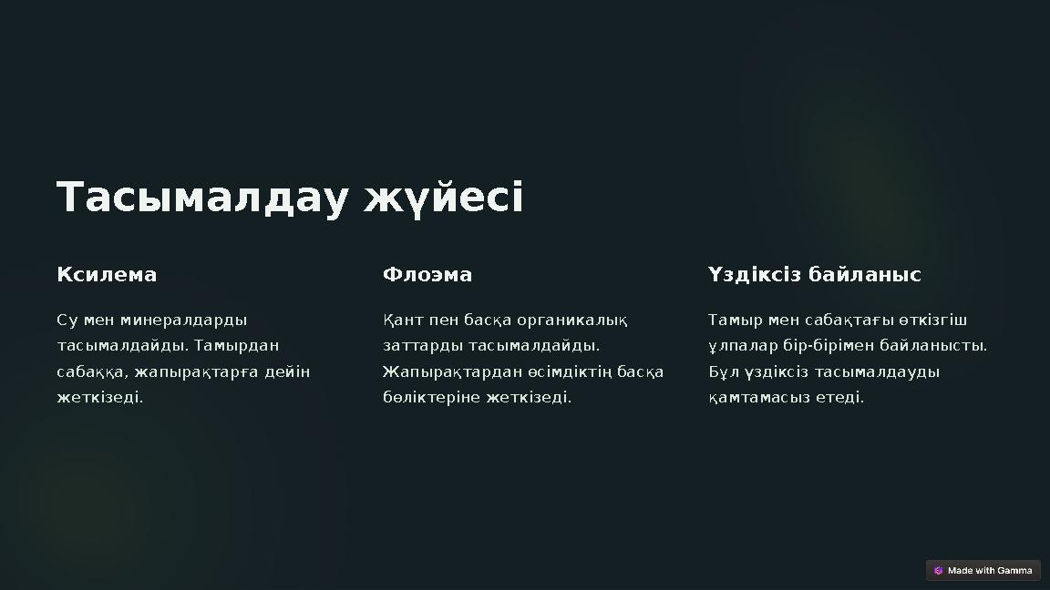 Тасымалдау жүйесі Ксилема Су мен минералдарды тасымалдайды. Тамырдан сабаққа, жапырақтарға дейін жеткізеді. Флоэма Қант пен