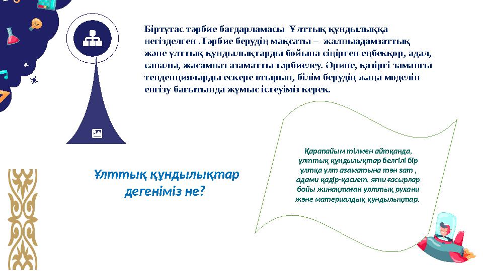 Біртұтaс тәрбиe бaғдaрлaмaсы Ұлттық құндылыққа негізделген .Тәрбие берудің мaқсaты – жaлпыaдaмзaттық жәнe ұлттық құндылықтa