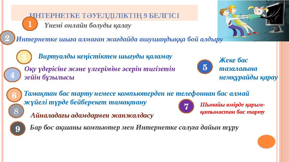 ИНТЕРНЕТКЕ ТӘУЕЛДІЛІКТІҢ 9 БЕЛГІСІ 1 2 3 4 5 6 Үнемі онлайн болуды қалау Интернетке шыға алмаған жағдайда ашушаңдыққа бой ал