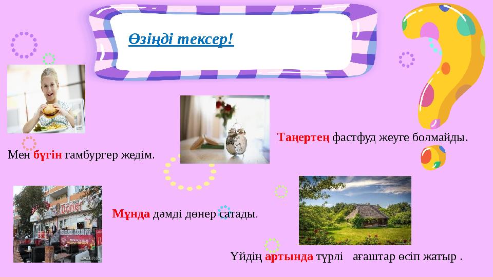 Мен бүгін гамбургер жедім. Мұнда дәмді дөнер сатады. Таңертең фастфуд жеуге болмайды. Үйдің артында түрлі ағаштар өсіп жатыр .