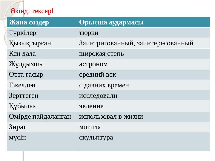 Жаңа сөздер Орысша аудармасы Түркілер тюрки Қызықтырған Заинтригованный, заинтересованный Кең дала широкая степь Жұлдызшы