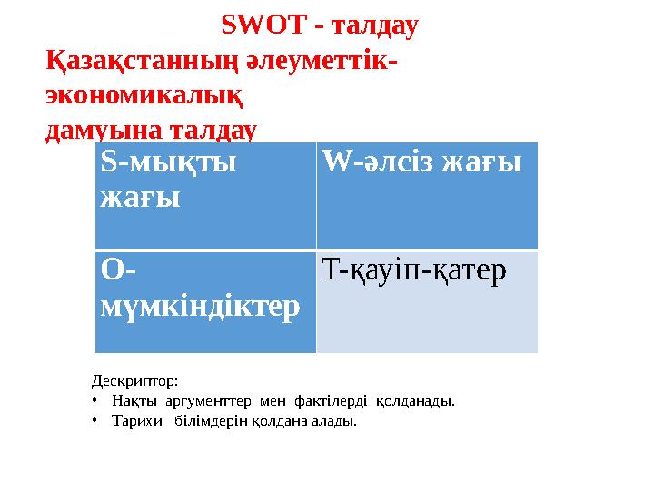 SWOT - талдау Қазақстанның әлеуметтік- экономикалық дамуына талдау S-мықты жағы W-әлсіз жағы O- мүмкі