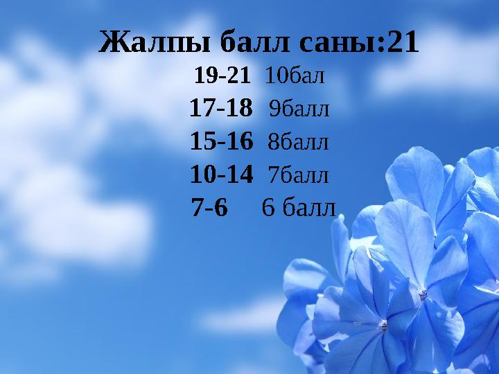 жертханалррш Жалпы балл саны:21 19-21 10бал 17-18 9балл 15-16 8балл 10-14 7балл 7-6 6 балл
