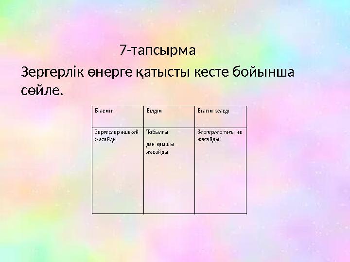 7-тапсырма Зергерлік өнерге қатысты кесте бойынша сөйле. Білемін Білдім Білгім келеді Зергерлер әшек