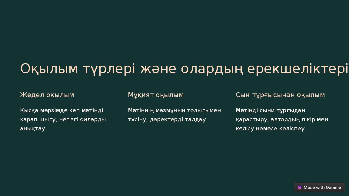 Оқылым түрлері және олардың ерекшеліктері Жедел оқылым Қысқа мерзімде көп мәтінді қарап шығу, негізгі ойларды анықтау. Мұқият