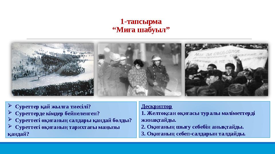 1-тапсырма “Миға шабуыл”  Суреттер қай жылға тиесілі?  Суреттерде кімдер бейнеленген?  Суреттегі оқиғаның салдары қандай б