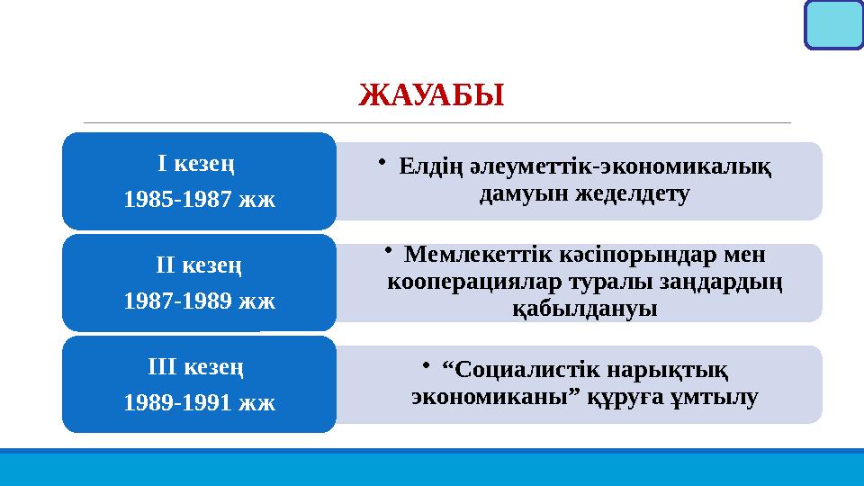 •Елдің әлеуметтік-экономикалық дамуын жеделдету І кезең 1985-1987 жж •Мемлекеттік кәсіпорындар мен кооперациялар туралы з