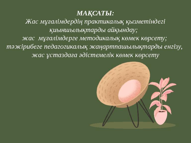 МАҚСАТЫ: Жас мұғалімдердің практикалық қызметіндегі қиыншылықтарды айқындау; жас мұғалімдерге методикалық көмек көрсету; тә