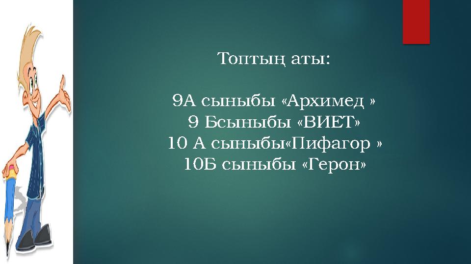 Топтың аты: 9А сыныбы «Архимед » 9 Бсыныбы «ВИЕТ» 10 А сыныбы«Пифагор » 10Б сыныбы «Герон»