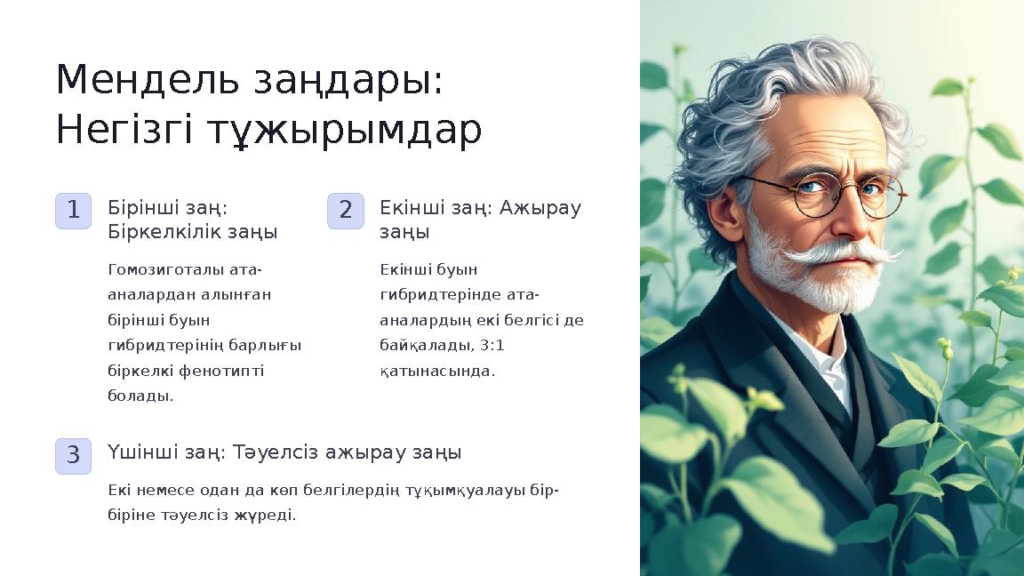 Мендель заңдары: Негізгі тұжырымдар 1Бірінші заң: Біркелкілік заңы Гомозиготалы ата- аналардан алынған бірінші буын гибридте