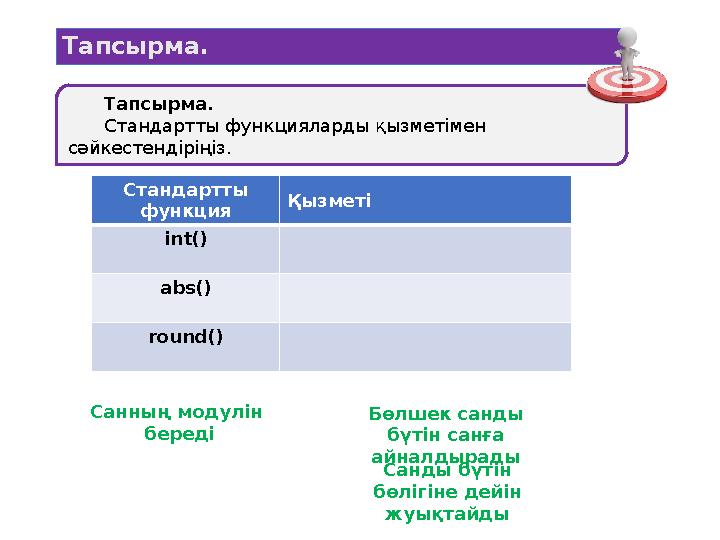 Стандартты функция Қызметі int() abs() round() Тапсырма. Тапсырма. Стандартты функцияларды қызметімен сәйкестендіріңіз. Cанның