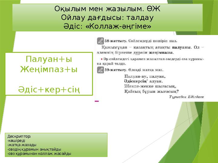 Оқылым мен жазылым. ӨЖ Ойлау дағдысы: талдау Әдіс: «Коллаж-әңгіме» Дескриптор: -көшіреді -жатқа жазады -сөздің қ