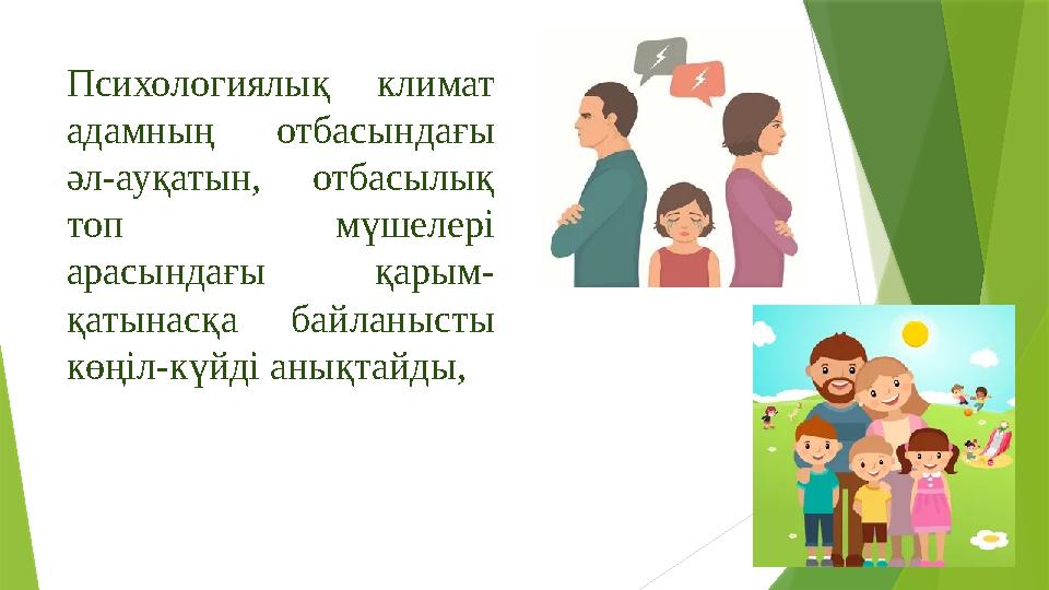 Психологиялық климат адамның отбасындағы әл-ауқатын, отбасылық топ мүшелері арасындағы қарым- қатынасқа байл