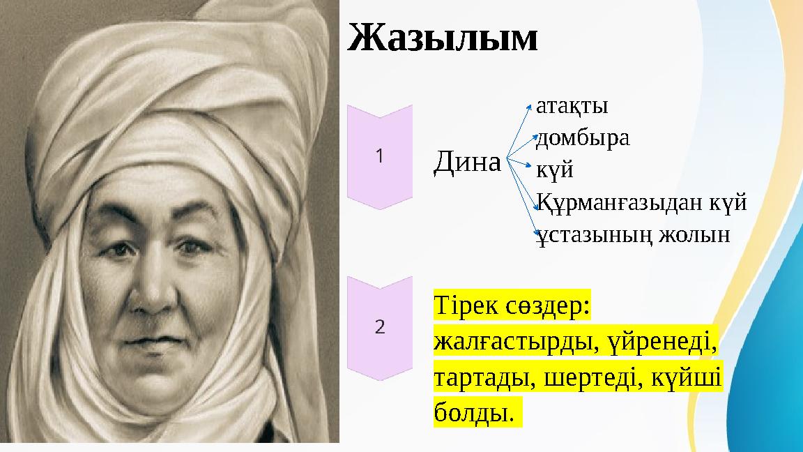 Жазылым Дина атақты домбыра күй Құрманғазыдан күй ұстазының жолын Тірек сөздер: жалғастырды, үйренеді, тартады, шертеді, күйші Жазылым Дина атақты домбыра күй Құрманғазыдан күй ұстазының жолын Тірек сөздер: жалғастырды, үйренеді, тартады, шертеді, күйші