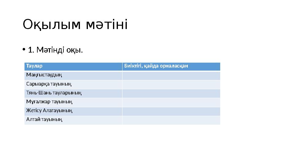 Оқылым мәтіні •1. Мәтінді оқы. Таулар Биіктігі, қайда орналасқан Маңғыстаудың Сарыарқа тауының Тянь-Шань тауларының Мұғалжар