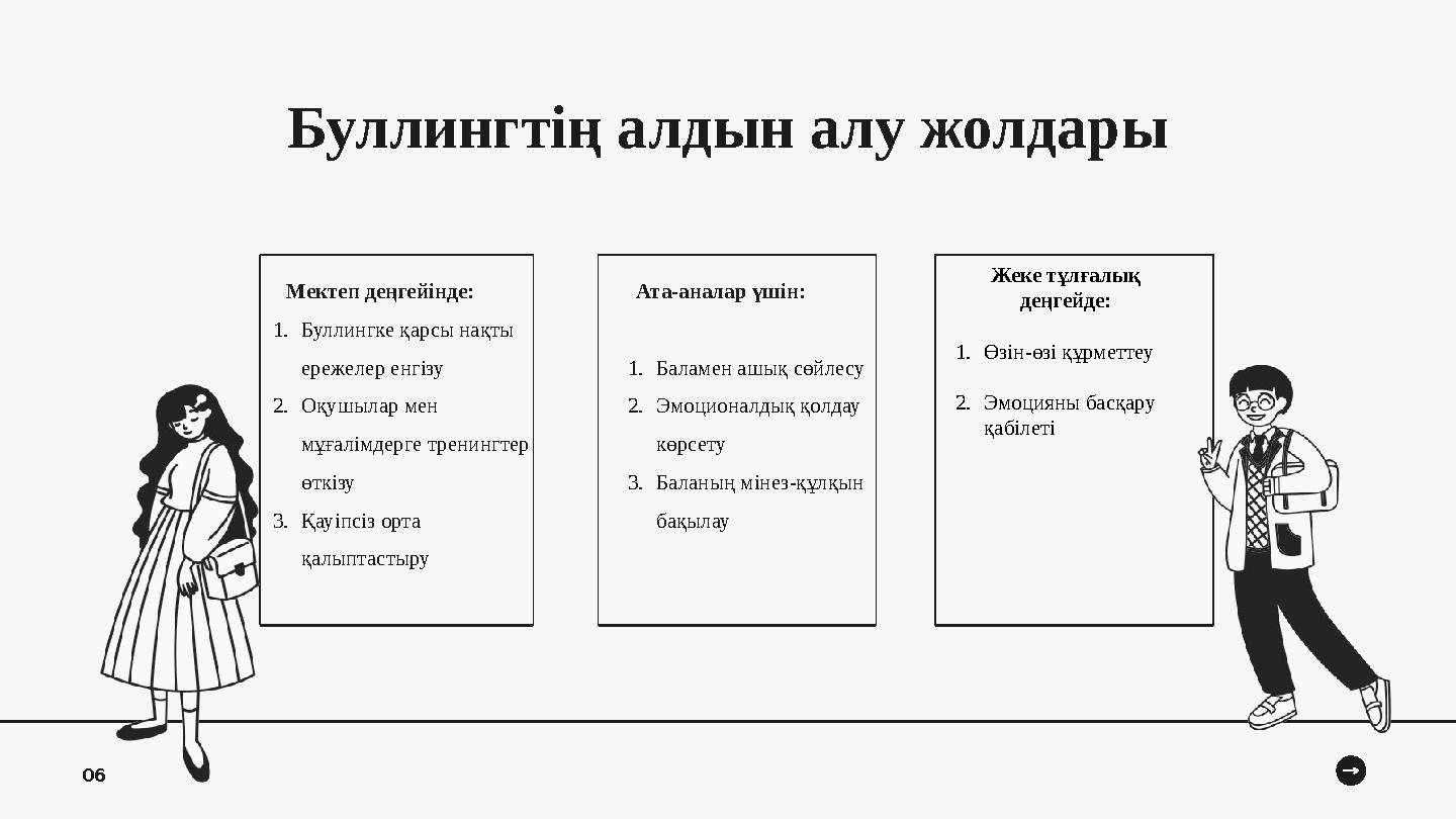 Буллингтің алдын алу жолдары Ата-аналар үшін: 1.Баламен ашық сөйлесу 2.Эмоционалдық қолдау көрсету 3.Баланың мінез-құлқын б