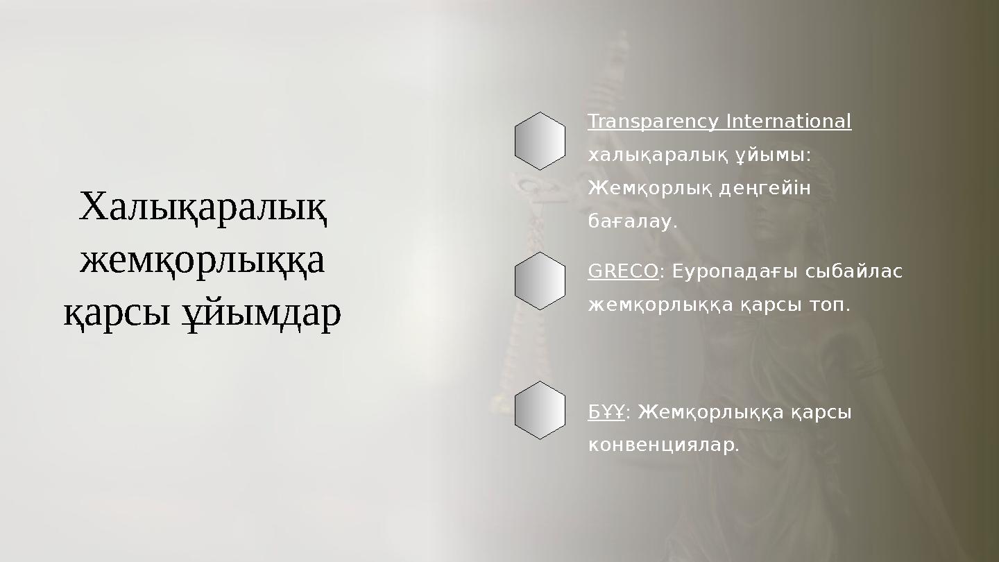 Халықаралық жемқорлыққа қарсы ұйымдар Transparency International халықаралық ұйымы: Жемқорлық деңгейін бағалау. GRECO: Еуроп