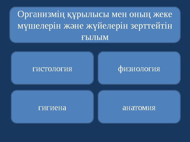 Организмің құрылысы мен оның жеке мүшелерін және жүйелерін зерттейтін ғылым гистология гигиена анатомия физиология