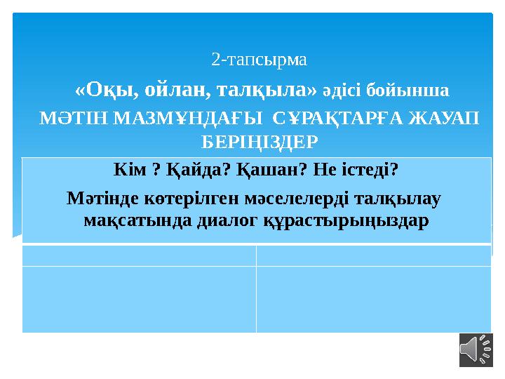 2-тапсырма «Оқы, ойлан, талқыла» әдісі бойынша МӘТІН МАЗМҰНДАҒЫ СҰРАҚТАРҒА ЖАУАП БЕРІҢІЗДЕР Кім ? Қайда? Қашан? Не істеді