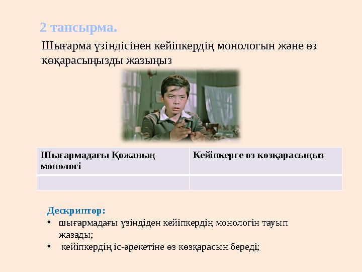 2 тапсырма. Шығарма үзіндісінен кейіпкердің монологын және өз көқарасыңызды жазыңыз Дескриптор: •шығармадағы үзіндіден кейіпке