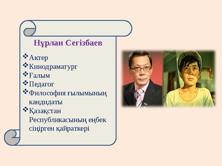 Актер Кинодраматург Ғалым Педагог Философия ғылымының кандидаты Қазақстан Республикасының еңбек сіңірген қайраткері Нұр
